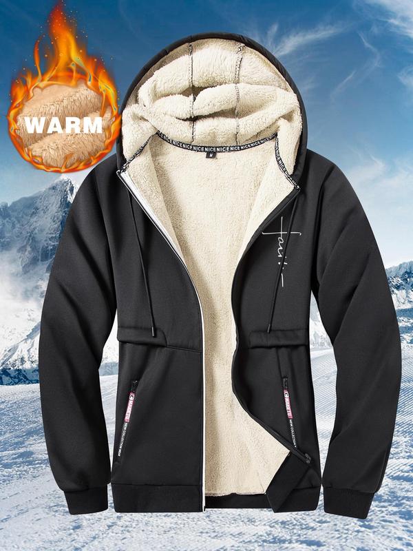 Men's Regular Fit Solid Zip Up Thermal Lined Hooded Jacket, Casual Long Sleeve Drawstring Pocket Outerwear for Fall & Winter, Men's Clothes for Outdoor Activities