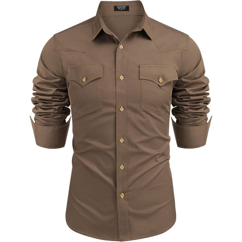 Men's Western Cowboy Shirts Long Sleeve Cotton Casual Button Down Work Shirt with Pockets