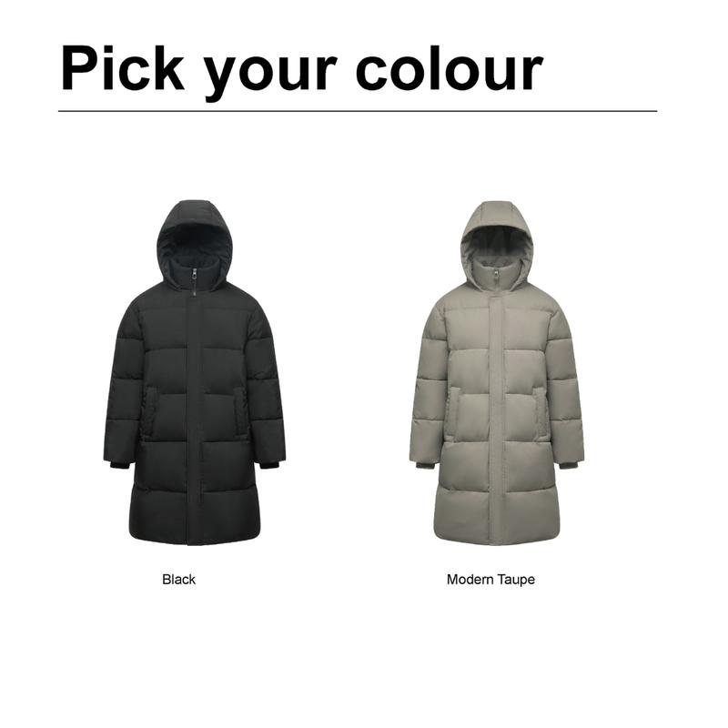 PUFFIT Men‘s Classic Hooded Long Puffer Coat , Long Quilted Outerwear Jacket Big Pocket, Winter Warm Basic Long Sleeve Tops Coat