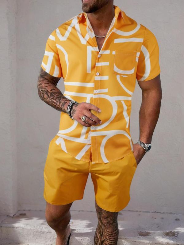 Two-Piece Set Men's Loose Button Front Short Sleeve Shirt & Drawstring Shorts, Back To School Outfits, Men's Short Set, Vacation Beach Outfits, Summer Clothes, Casual Baggy Outfits Clothes Set, Mens Clothing