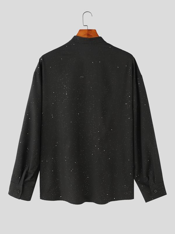 Men's Glitter Button Front Drop Shoulder Shirt, Loose Casual Long Sleeve Mock Neck Top for Fall & Winter, Men's Clothes for Daily Wear