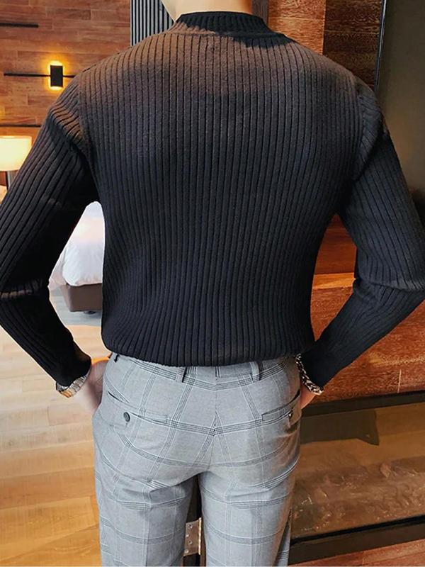 Men's Solid Color Textured Mock Neck Sweater, Regular Fit Casual Long Sleeve Jumper for Fall & Winter, Fashion Men's Knitwear for Daily Wear