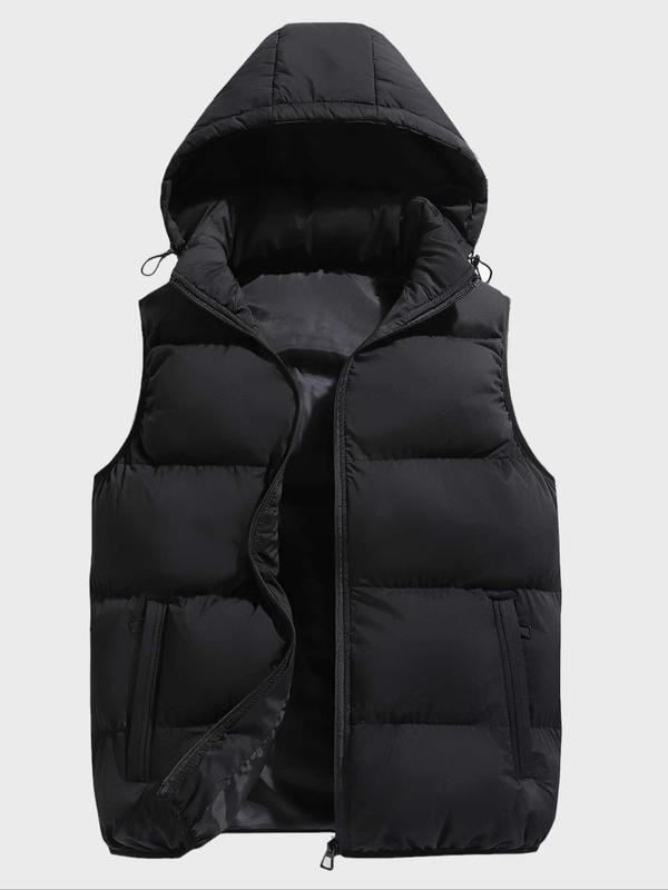 Men's Solid Zip Up Drawstring Hooded Vest Gilet, Loose Casual Pocket Design Sleeveless Outerwear for Fall & Winter, Men's Clothes for Daily Wear