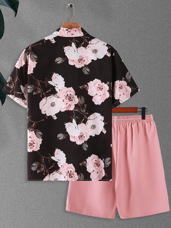 Two-piece Set Men's Floral Print Button Front Shirt & Drawstring Waist Shorts Set, Regular Fit Short Sleeve Collar Top & Pocket Shorts for Beach Vacation, Work Clothes for Office, Sets for Men Clothing, Summer Outfits Clothes Set for Men