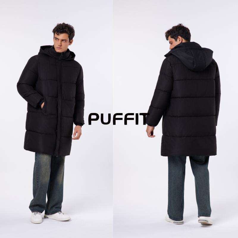 PUFFIT Men‘s Classic Hooded Long Puffer Coat , Long Quilted Outerwear Jacket Big Pocket, Winter Warm Basic Long Sleeve Tops Coat