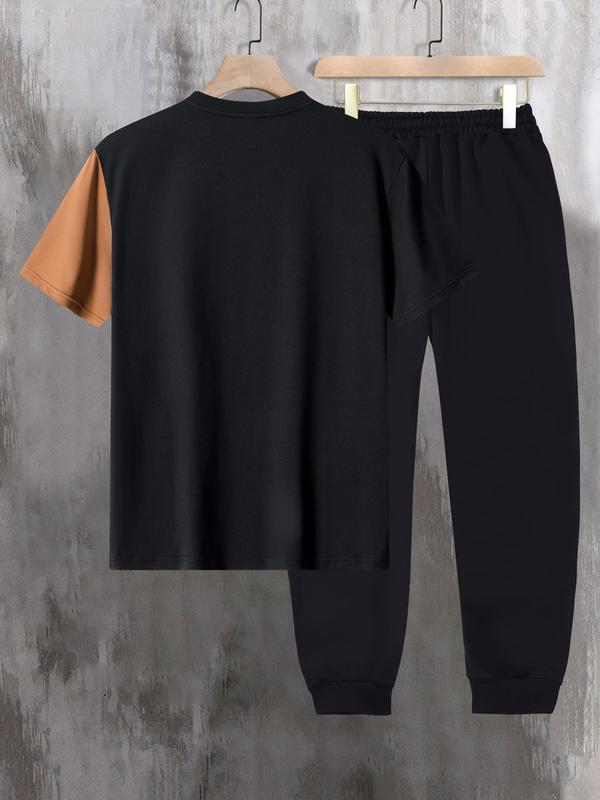 Men's Letter Print Colorblock Drawstring Sweatpants Set, Short Sleeve Top & Pants For Dailywear, Casual Men's Two-piece Outfits For Summer