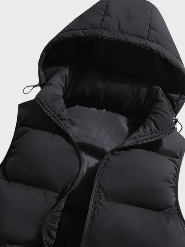 Men's Solid Zip Up Drawstring Hooded Vest Gilet, Loose Casual Pocket Design Sleeveless Outerwear for Fall & Winter, Men's Clothes for Daily Wear