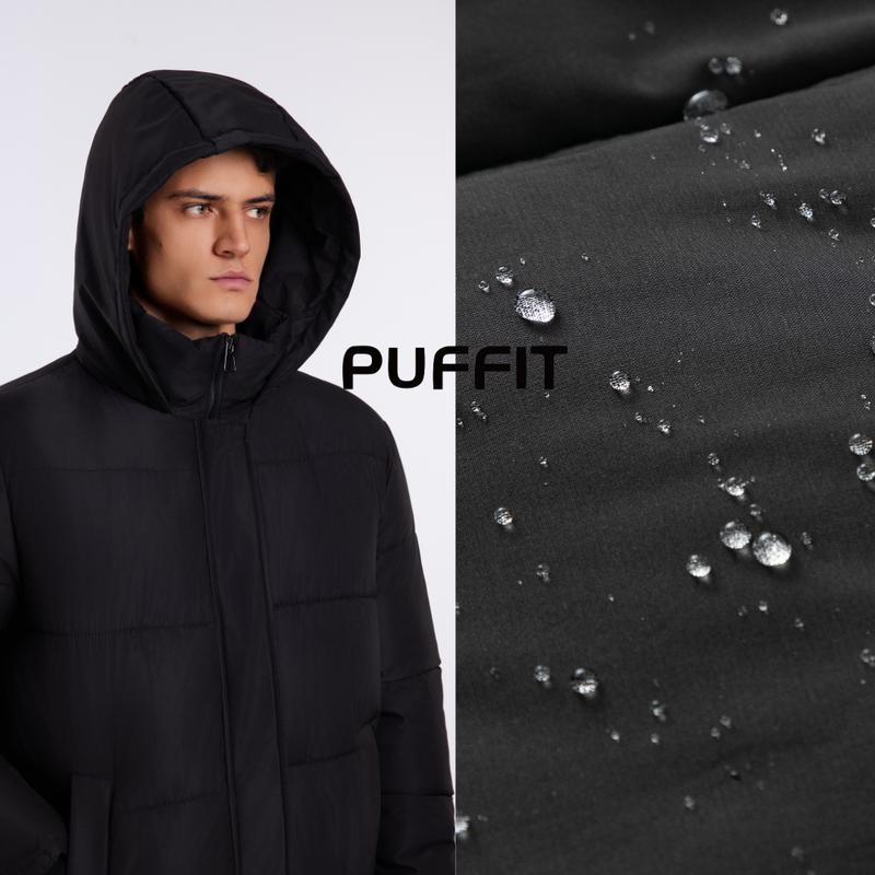 PUFFIT Men‘s Classic Hooded Long Puffer Coat , Long Quilted Outerwear Jacket Big Pocket, Winter Warm Basic Long Sleeve Tops Coat