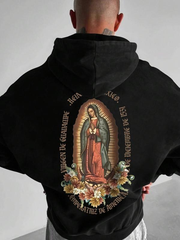 Men's Virgin Mary Print Drop Shoulder Hoodie, Fashion Casual Regular Fit Drawstring Pocket Hooded Sweatshirt for Daily Holiday Outdoor Wear, Fall Clothes, Men's Clothing for Fall & Winter