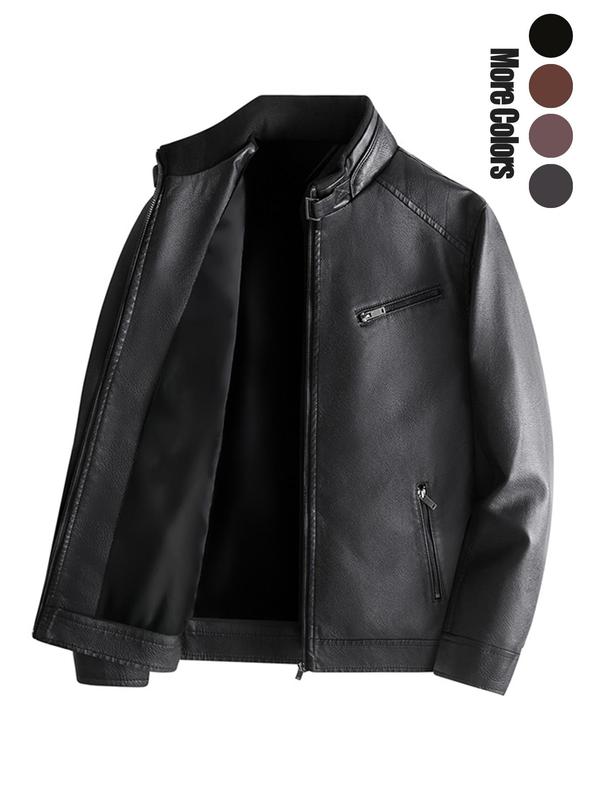 Men's Solid Pocket Zipper Faux Leather Jacket, Regular Fit Casual Long Sleeve Stand Collar Outerwear for Fall & Winter, Men's Clothes for Daily Wear