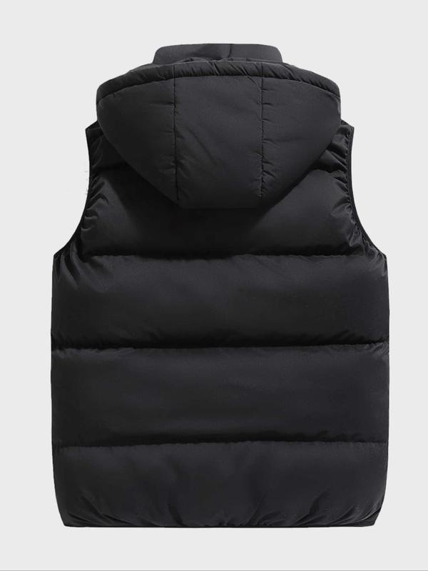 Men's Solid Zip Up Drawstring Hooded Vest Gilet, Loose Casual Pocket Design Sleeveless Outerwear for Fall & Winter, Men's Clothes for Daily Wear