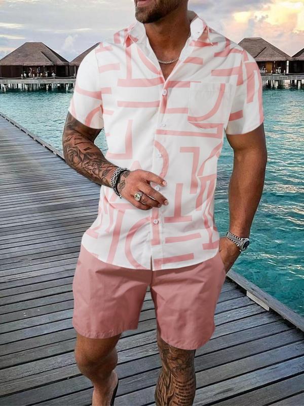 Two-Piece Set Men's Loose Button Front Short Sleeve Shirt & Drawstring Shorts, Back To School Outfits, Men's Short Set, Vacation Beach Outfits, Summer Clothes, Casual Baggy Outfits Clothes Set, Mens Clothing