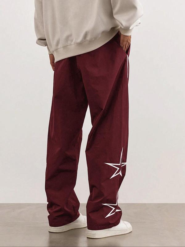 Men's Letter Patched Star Print Drawstring Waist Pants, Casual Comfy Pocket Straight Leg Trousers for Daily Wear, Fashion Men's Bottoms for All Seasons