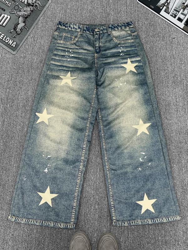 Men's Star Print Ripped Straight Leg Jeans, Loose Casual Comfy Denim Pants for Daily Wear, Wide Leg Trousers for Men