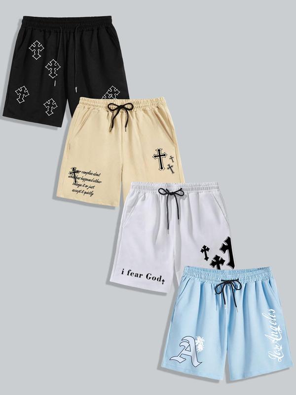 Men's Letter & Cross Print Drawstring Waist Shorts, Casual Regular Fit Pocket Elastic Waist Graphic Shorts, Shorts for Men, Men's Bottoms for Summer