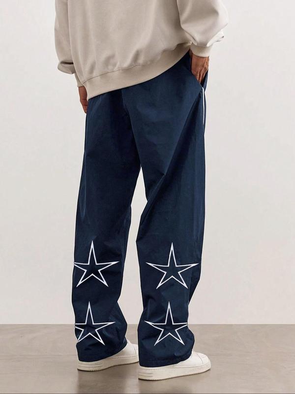 Men's Letter Patched Star Print Drawstring Waist Pants, Casual Comfy Pocket Straight Leg Trousers for Daily Wear, Fashion Men's Bottoms for All Seasons