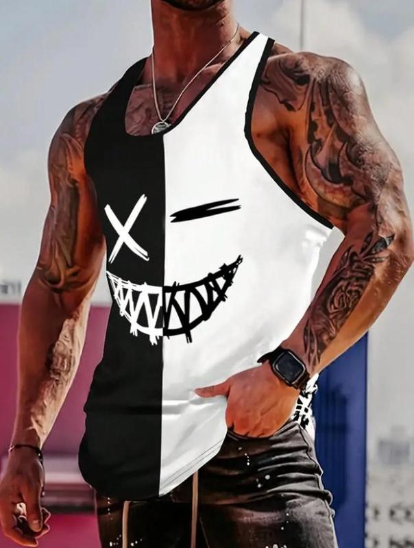 Men's Summer Contrast Color Round Neck Tank Top: Expression Print for Casual Style Menswear Day