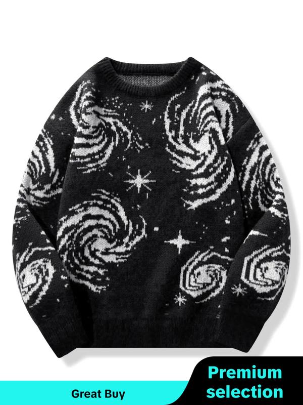 Men's All Over Print Drop Shoulder Sweater, Loose Casual Long Sleeve Round Neck Jumper for Fall & Winter, Fashion Men's Knitwear for Daily Wear