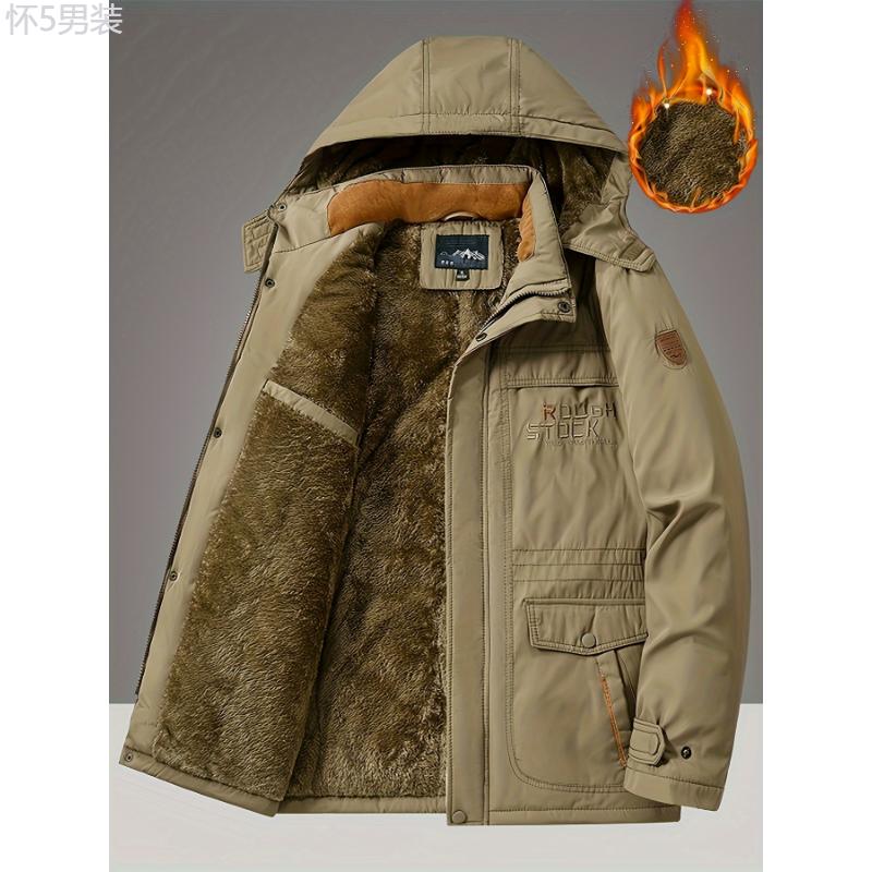 Men's Winter Thickened Cotton Coat with Embroidered Letters, Casual Polyester Fleece Lined Hooded Jacket, Zippered Front, Multiple Pockets, Outdoor Workwear Style Menswear Sleeve Collar Tops Fabric Long Sleeve fur jacket winter jacket