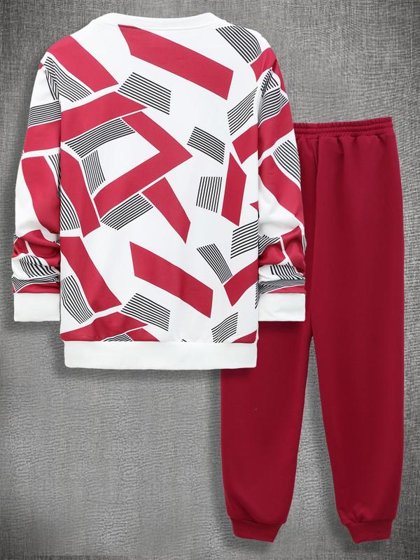 Men's Geometric Print Drop Shoulder Sweatshirt & Drawstring Waist Sweatpants Two-piece Set, Casual Fashion Round Neck Long Sleeve Pullover & Trousers for Daily Wear, Men's Two-piece Outfits for Fall & Winter, Going Out Outfits