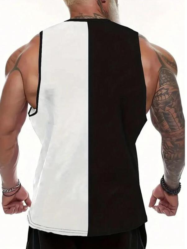 Men's Summer Contrast Color Round Neck Tank Top: Expression Print for Casual Style Menswear Day