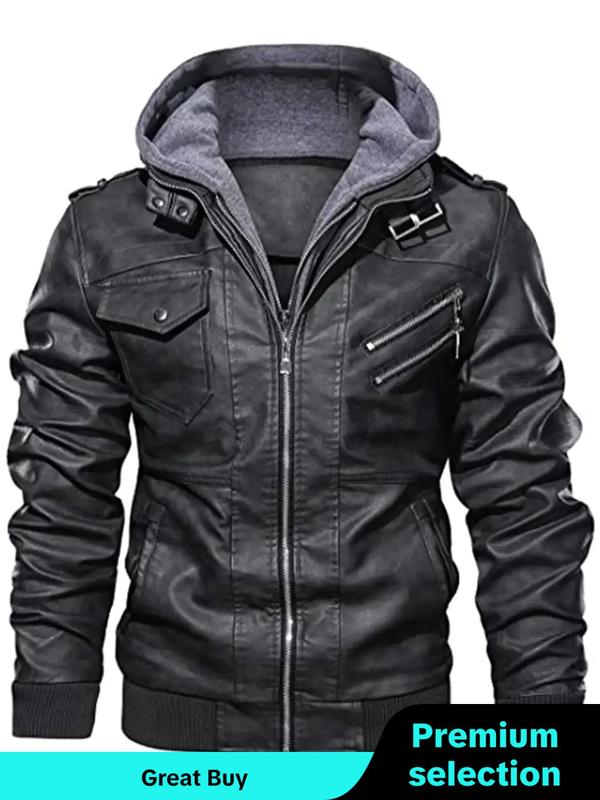 Men's Solid Pocket Zipper Pu Leather Jacket, Regular Fit Casual Long Sleeve Windproof Hooded Outerwear for Fall & Winter, Jackets for Men 2024, Men's Clothes for Daily Wear