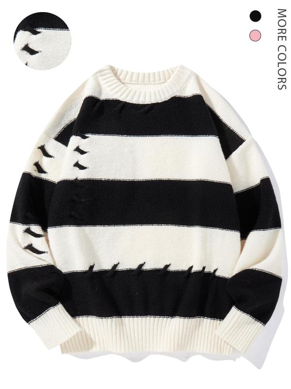 Men's Striped Print Drop Shoulder Sweater, Regular Fit Casual Long Sleeve Round Neck Jumper for Fall & Winter, Fashion Men's Knitwear for Daily Wear