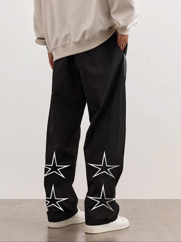 Men's Letter Patched Star Print Drawstring Waist Pants, Casual Comfy Pocket Straight Leg Trousers for Daily Wear, Fashion Men's Bottoms for All Seasons