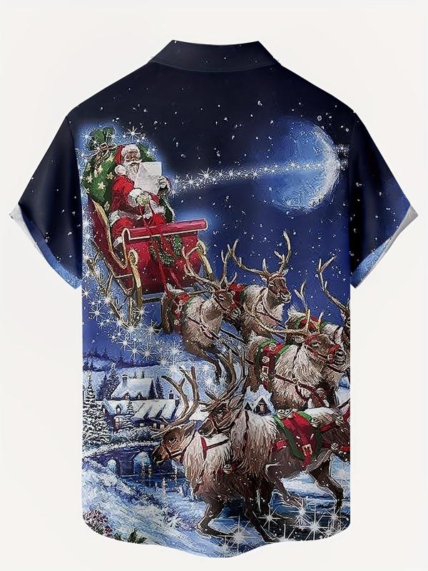  Men's All Over Christmas Print Short Sleeve Shirt, Casual Button Front Collared Top for All Seasons, Men's Clothes for Daily Wear