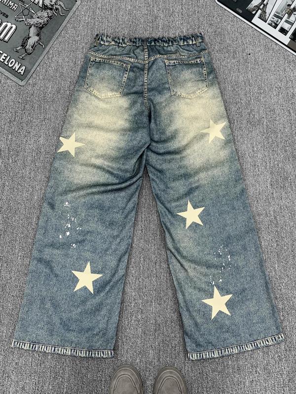 Men's Star Print Ripped Straight Leg Jeans, Loose Casual Comfy Denim Pants for Daily Wear, Wide Leg Trousers for Men