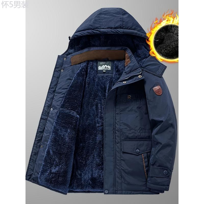 Men's Winter Thickened Cotton Coat with Embroidered Letters, Casual Polyester Fleece Lined Hooded Jacket, Zippered Front, Multiple Pockets, Outdoor Workwear Style Menswear Sleeve Collar Tops Fabric Long Sleeve fur jacket winter jacket