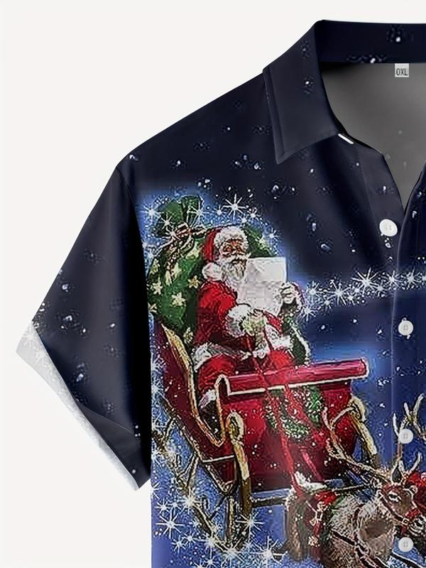  Men's All Over Christmas Print Short Sleeve Shirt, Casual Button Front Collared Top for All Seasons, Men's Clothes for Daily Wear