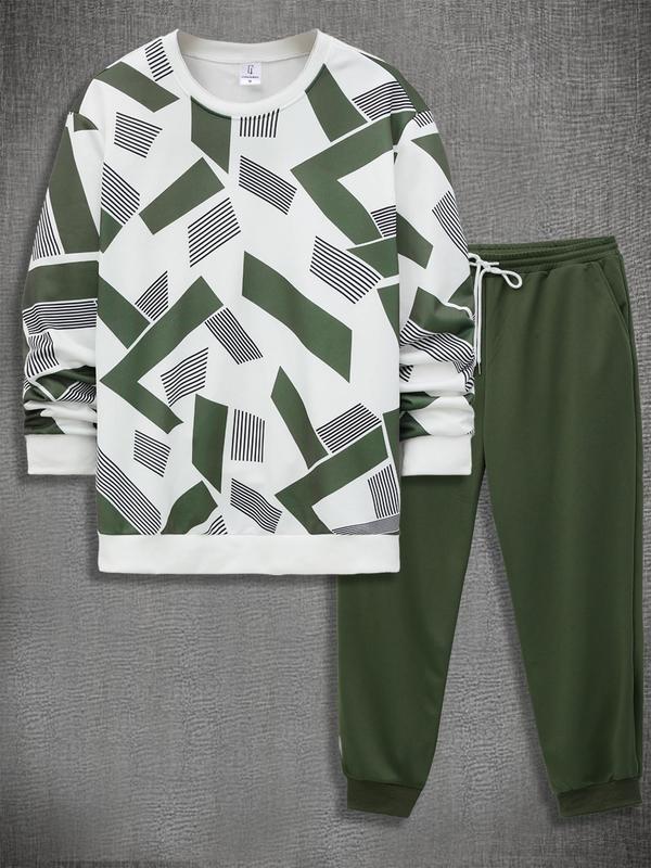 Men's Geometric Print Drop Shoulder Sweatshirt & Drawstring Waist Sweatpants Two-piece Set, Casual Fashion Round Neck Long Sleeve Pullover & Trousers for Daily Wear, Men's Two-piece Outfits for Fall & Winter, Going Out Outfits