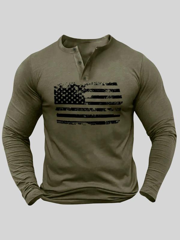 Men's Striped & Star Print Button Front 4th Of July Tee, Regular Fit Casual Streetwear Long Sleeve Round Neck T-shirt for Spring & Fall, Graphic Tees for Men, Fall Clothes, Fashion Men's Top for Daily Wear Tshirt