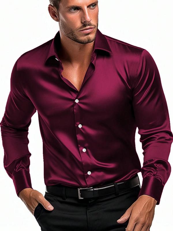 Men's Solid Button Front Shirt, Casual Comfort Slim Long Sleeve Collar Shirt, Business Formal Shirt for All Seasons