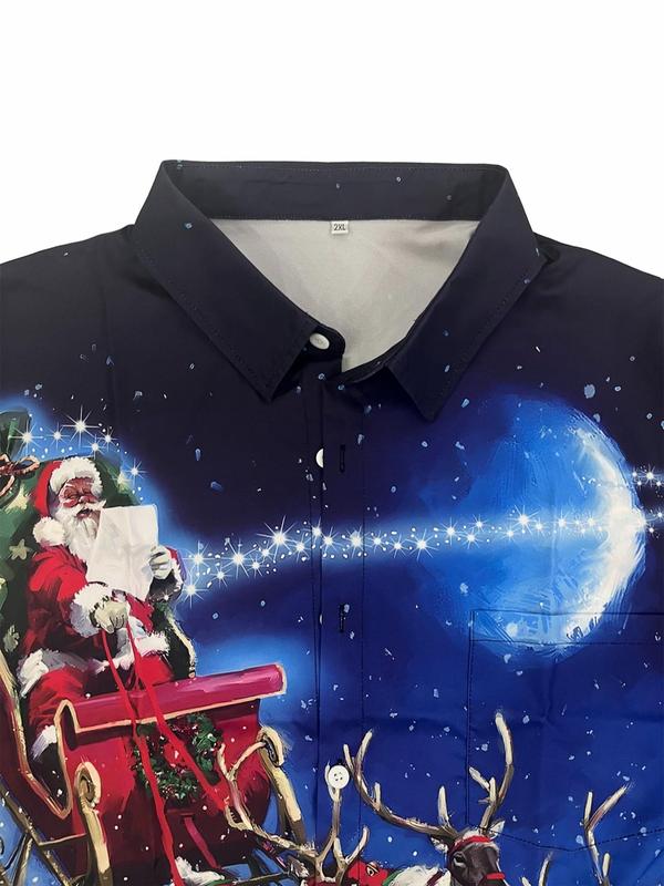  Men's All Over Christmas Print Short Sleeve Shirt, Casual Button Front Collared Top for All Seasons, Men's Clothes for Daily Wear