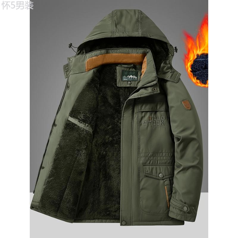 Men's Winter Thickened Cotton Coat with Embroidered Letters, Casual Polyester Fleece Lined Hooded Jacket, Zippered Front, Multiple Pockets, Outdoor Workwear Style Menswear Sleeve Collar Tops Fabric Long Sleeve fur jacket winter jacket