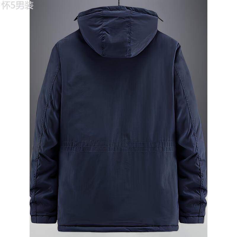 Men's Winter Thickened Cotton Coat with Embroidered Letters, Casual Polyester Fleece Lined Hooded Jacket, Zippered Front, Multiple Pockets, Outdoor Workwear Style Menswear Sleeve Collar Tops Fabric Long Sleeve fur jacket winter jacket