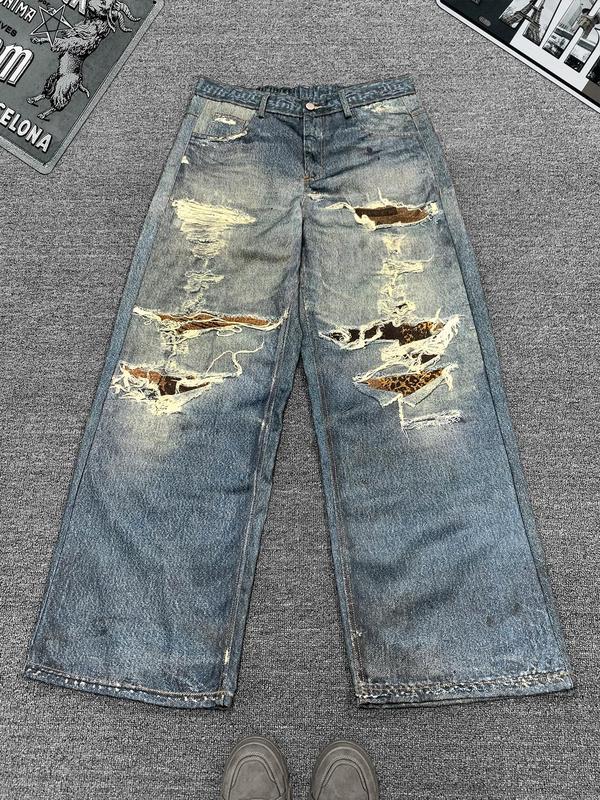 Men's Star Print Ripped Straight Leg Jeans, Loose Casual Comfy Denim Pants for Daily Wear, Wide Leg Trousers for Men