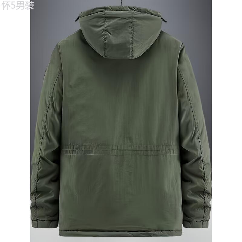 Men's Winter Thickened Cotton Coat with Embroidered Letters, Casual Polyester Fleece Lined Hooded Jacket, Zippered Front, Multiple Pockets, Outdoor Workwear Style Menswear Sleeve Collar Tops Fabric Long Sleeve fur jacket winter jacket