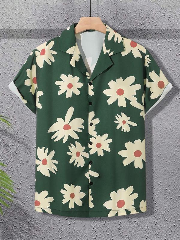 Men's Floral Print Button Front Vintage Shirt, Regular Fit Casual Short Sleeve Lapel Neckline Top for Summer, Men's Clothes for Beach Vacation