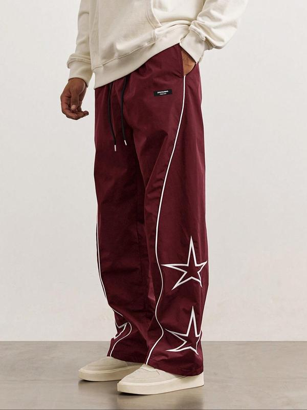 Men's Letter Patched Star Print Drawstring Waist Pants, Casual Comfy Pocket Straight Leg Trousers for Daily Wear, Fashion Men's Bottoms for All Seasons