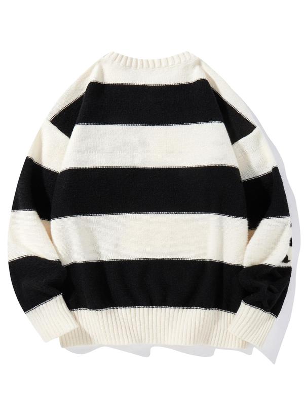 Men's Striped Print Drop Shoulder Sweater, Regular Fit Casual Long Sleeve Round Neck Jumper for Fall & Winter, Fashion Men's Knitwear for Daily Wear