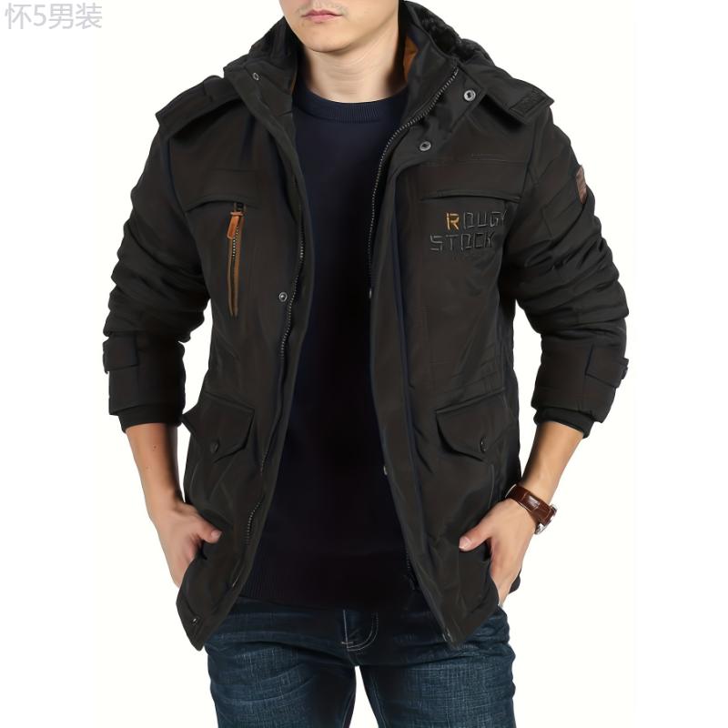 Men's Winter Thickened Cotton Coat with Embroidered Letters, Casual Polyester Fleece Lined Hooded Jacket, Zippered Front, Multiple Pockets, Outdoor Workwear Style Menswear Sleeve Collar Tops Fabric Long Sleeve fur jacket winter jacket