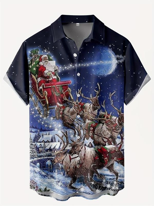  Men's All Over Christmas Print Short Sleeve Shirt, Casual Button Front Collared Top for All Seasons, Men's Clothes for Daily Wear