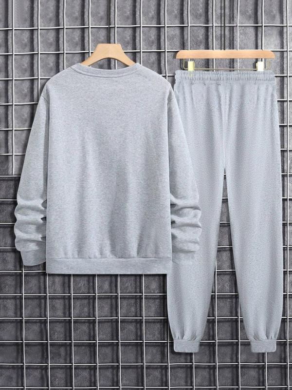 Men's Solid Drop Shoulder Round Neck Long Sleeve Sweatshirt & Pocket Drawstring Waist Sweatpants Thermal Lined Set, Casual Fashion Cozy Regular Fit Two-piece Outfits for Daily Outdoor Wear, Men Clothes for Fall & Winter