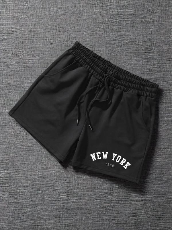 Men's Letter Print Drawstring Waist Shorts, Regular Fit Streetwear Pocket Elastic Waist Track Shorts, Summer Clothes, Summer Outfits 2024 Shorts