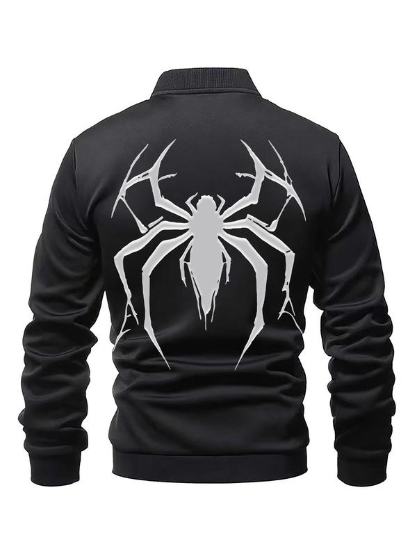 Men's Spider Print Zip Up Designer Jacket, Men Designer Clothes, Regular Fit Casual Long Sleeve Baseball Collar Outerwear for Spring & Fall, Fashion Vintage Men's Clothing for Daily Streetwear