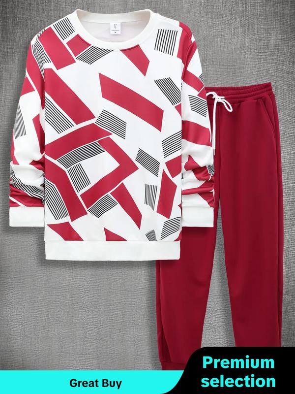 Men's Geometric Print Drop Shoulder Sweatshirt & Drawstring Waist Sweatpants Two-piece Set, Casual Fashion Round Neck Long Sleeve Pullover & Trousers for Daily Wear, Men's Two-piece Outfits for Fall & Winter, Going Out Outfits