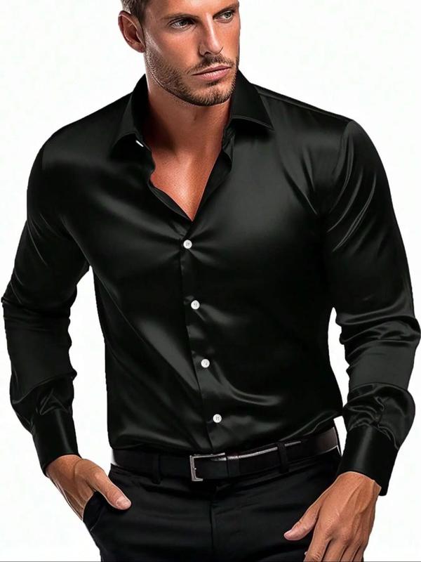 Men's Solid Button Front Shirt, Casual Comfort Slim Long Sleeve Collar Shirt, Business Formal Shirt for All Seasons